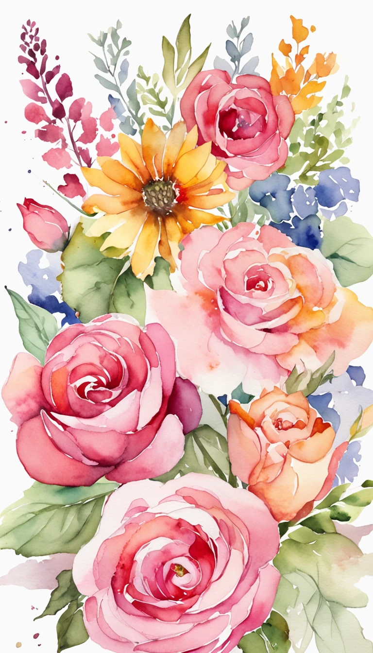 (flowers:wreaths+floral frames) with (watercolor:pink+delicate) blooms and (roses:vibrant), creating a (captivating:illustration).