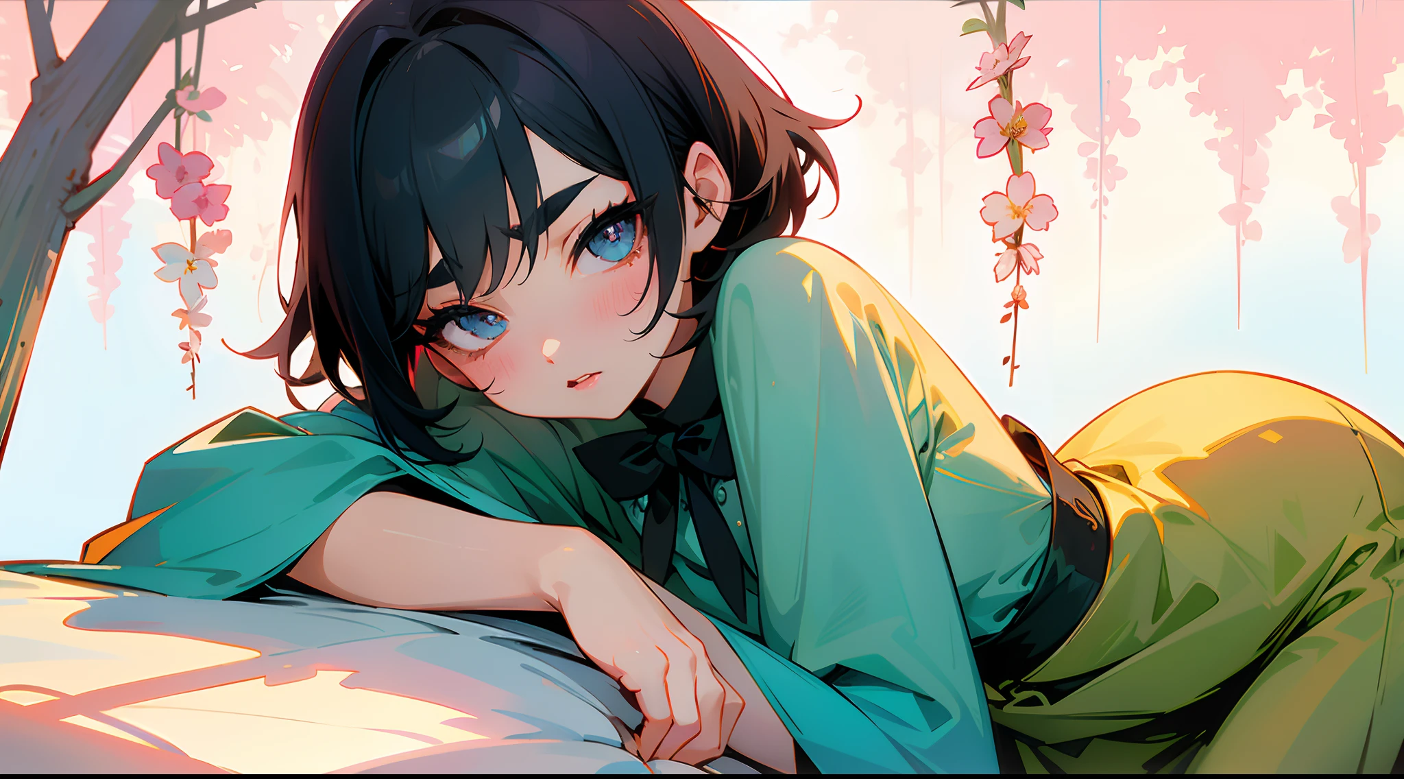 Original Characters、Wide angle shot、Volume Lighting、Best Shadows、Shallow depth of field、Portrait of an amazingly beautiful girl、Delicate beautiful attractive face with petite and seductive eyes、The girl who turned around、full bodyesbian、Sharp Eyebrows、Black Hair Shortcut Hair、Blush Eyeshadow、Shining eyes、Dark eyelashes、Rough look、Slim waist、springtime、(top-quality、Superb Detail:1.25)、(独奏:1.3)、Brilliant Colorful Paintings