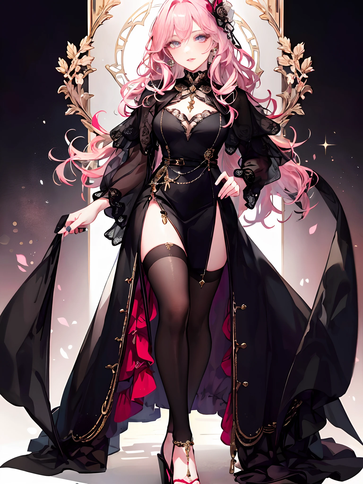 complete face,meticulous portrayal of face,1 noblewoman,a matural female,Black dress long dress,(Black stockings beautiful legs+),heeled sandals,Black stocking feet,Pink White Long Hair,Prom background, Perfect body, s the perfect face, perfect hand, Perfect Finger, Perfect lips, perfect eyes, Perfect background
