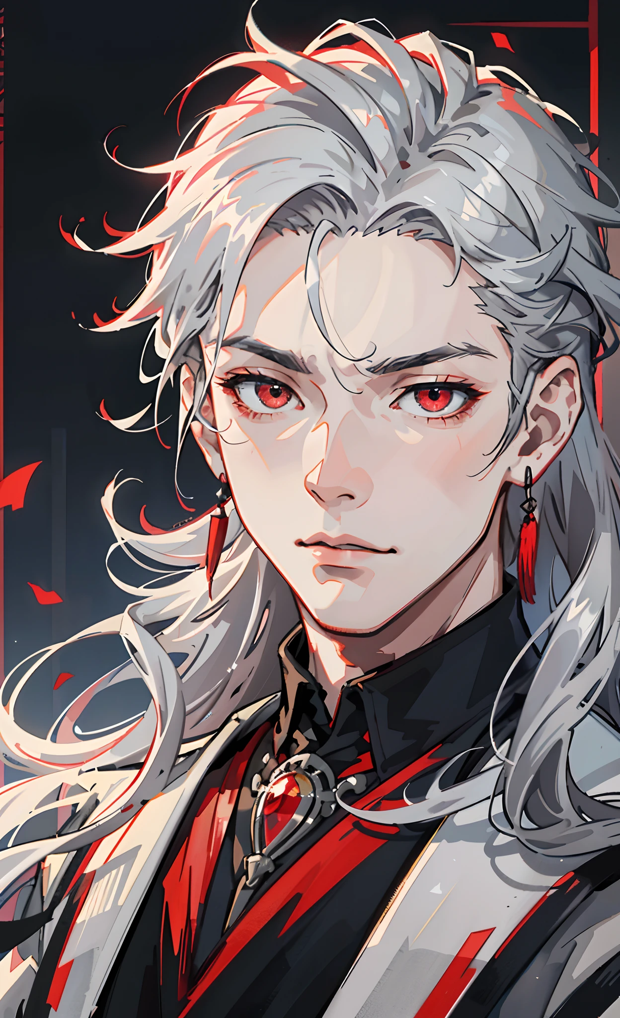 Official art illustration，solo，Antique handsome guy，handsome，Silvery hair，red color eyes，Floating hair，Grim expression，Asymmetrical hairstyle，Elaborate Eyes，syuro，wearing a blacked shirt，fov，f/1.8，tmasterpiece，the night，Side lighting，Moonlight shines on people，8K，Hazy，Izumi Tanizaki，Kohei Jokoshi，Water element release