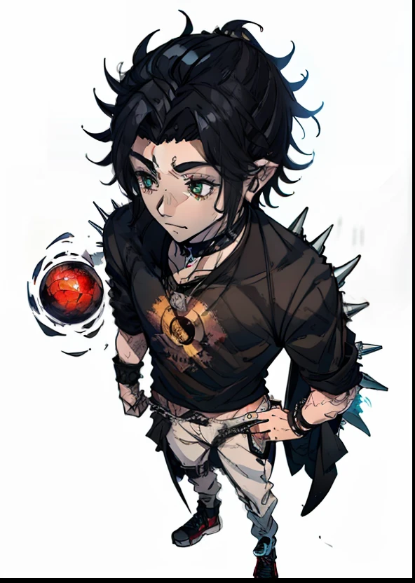 um meio elfo, medium black hair half spiky, Olhos vermelhos, Dragon scales from cheek to neck, um moletom preto com duas listras verticais na costela, White Jens pants with red scribbles and black sneakers, dragon scales on the right hand and on the left a black glove holding a floating sphere
