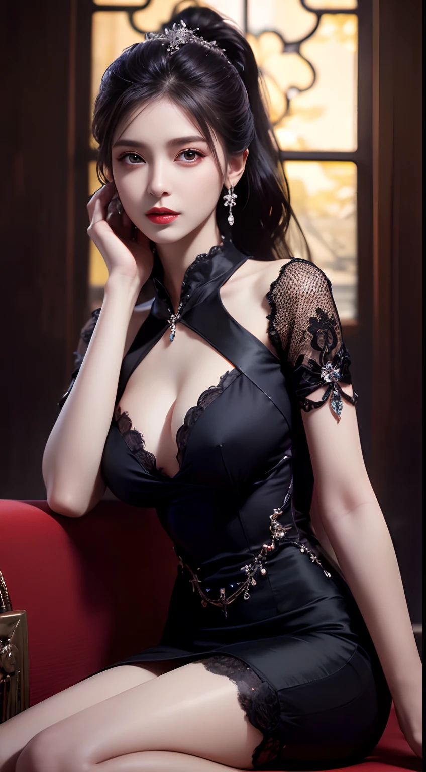 8K Ultra HD, Masterpiece, Best quality, A beautiful girl, Long hair, Impressive hairstyle, Royal hair accessories, Nice and cute face, Flawless face, jewelry earrings, Antique jewelry, details eyes, Beautiful eyes, meticulous makeup, Thin eyebrows, Beautiful red lips, huge tit, Black mesh socks, Thin black silk shirt，With many black patterns, Black lace shirt, looming,Long bangs and long platinum black ponytail, Realistic colors, Magic effects, ancient hanfu background, head straight-looking at viewer, Sitting, Full body capture,