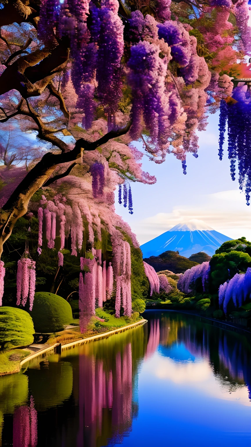 mdjrny-pprct, japanese architecture, Sakura, wisteria, Flower Garden, mountains and rivers, Clouds (high detial: 1.2)、Evening glow