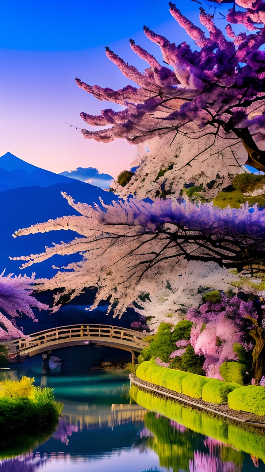 mdjrny-pprct, japanese architecture, Sakura, wisteria, Flower Garden, mountains and rivers, Clouds (high detial: 1.2)、Evening glow