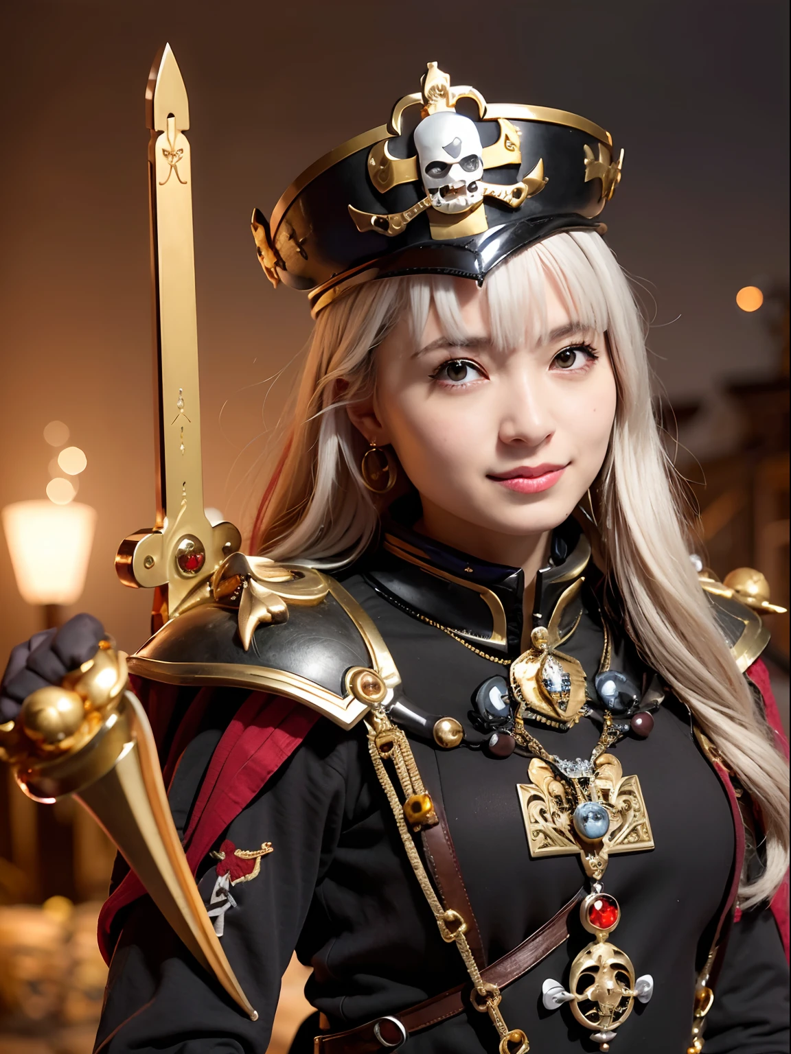 (masutepiece), Professional , ​masterpiece、top-quality、photos realistic , depth of fields （Gemstone Silver Metal Body:1.９),(Matte White、（Put on a pirate hat）、Jewel Gold Weapon（Jewel Metal Body:1.４),Gorgeous metal weapons , Detailed Sword of the Brave , Beautiful knife   ,warhammer 40k , The port town、adepta sororitas,Detail and ornate jewel crown、Black hair、Gangle's forest background、Beautiful Caucasian beauty、１a person、dynamic ungle,(((Detailed and ornate diamond crown)))、Smaller head、A smile、Take a sexy pose、Background inside the castle、Thin and beautiful female hands、cleavage of the breast、Soldier in iron armor on background、Soldier in iron armor on background、Sea view、