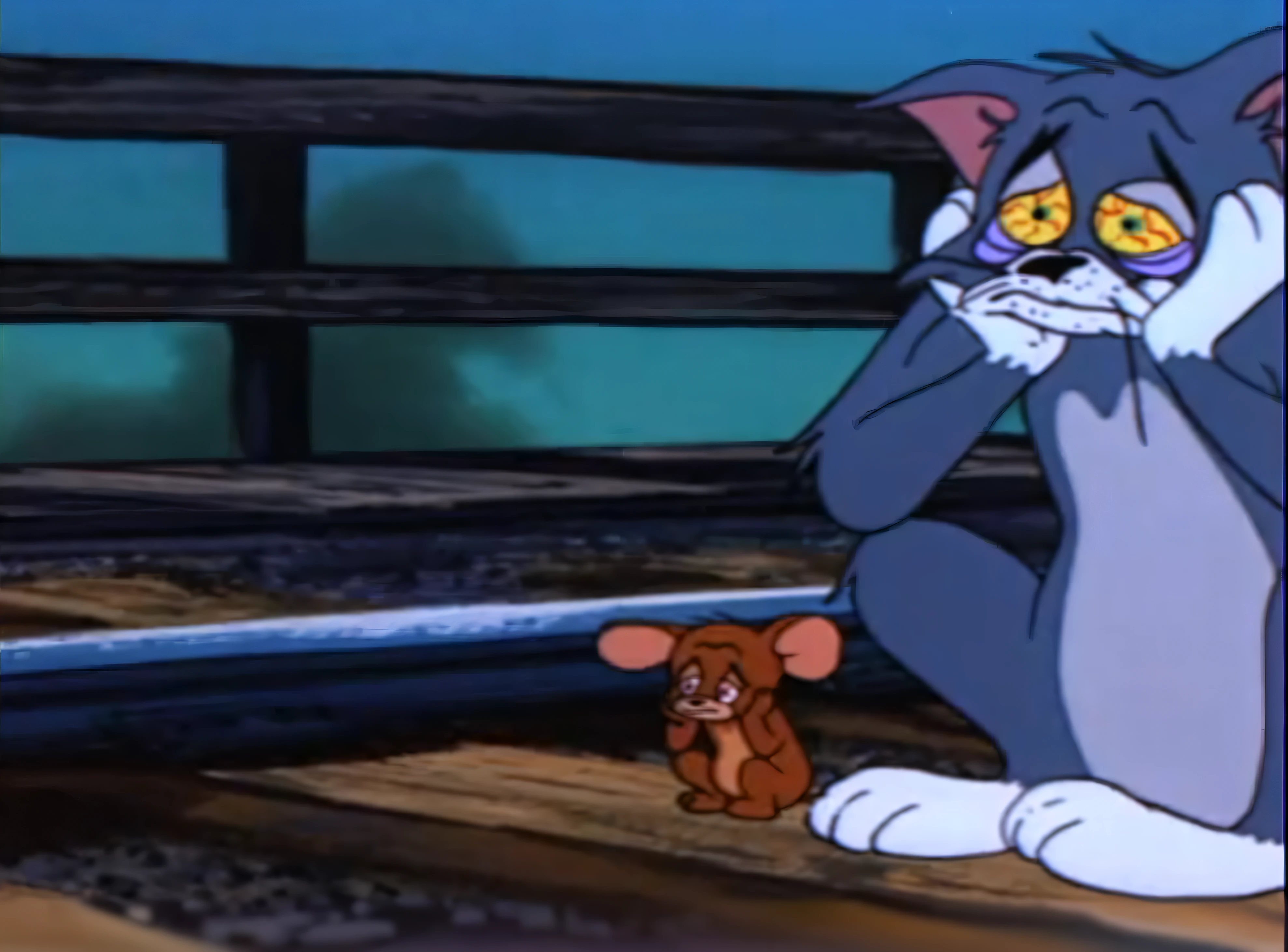 Cartoon cat sitting on train tracks,There is a mouse in front of him, Tom and Jerry, real-life tom and jerry, disney's bambi cat, animated movie scene, film still from an cartoon, animated movie shot, from a movie scene, dust kicked up,smokey, Animated Movies, animated movie still, Jerry, Classic Disney mood, children's animated films, animated still
