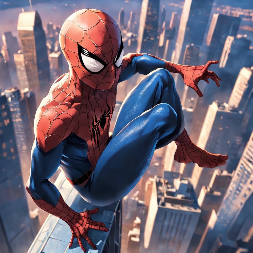 Spiderman ((sem mascara)) on top of a skyscraper, imagem fantastica, Closeup, Cena de filme, 8k