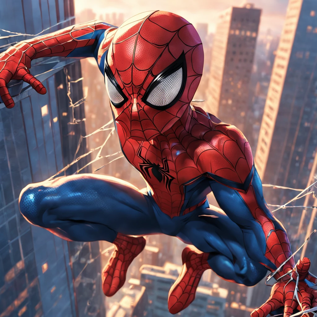 Spiderman ((sem mascara)) on top of a skyscraper, imagem fantastica, Closeup, Cena de filme, 8k