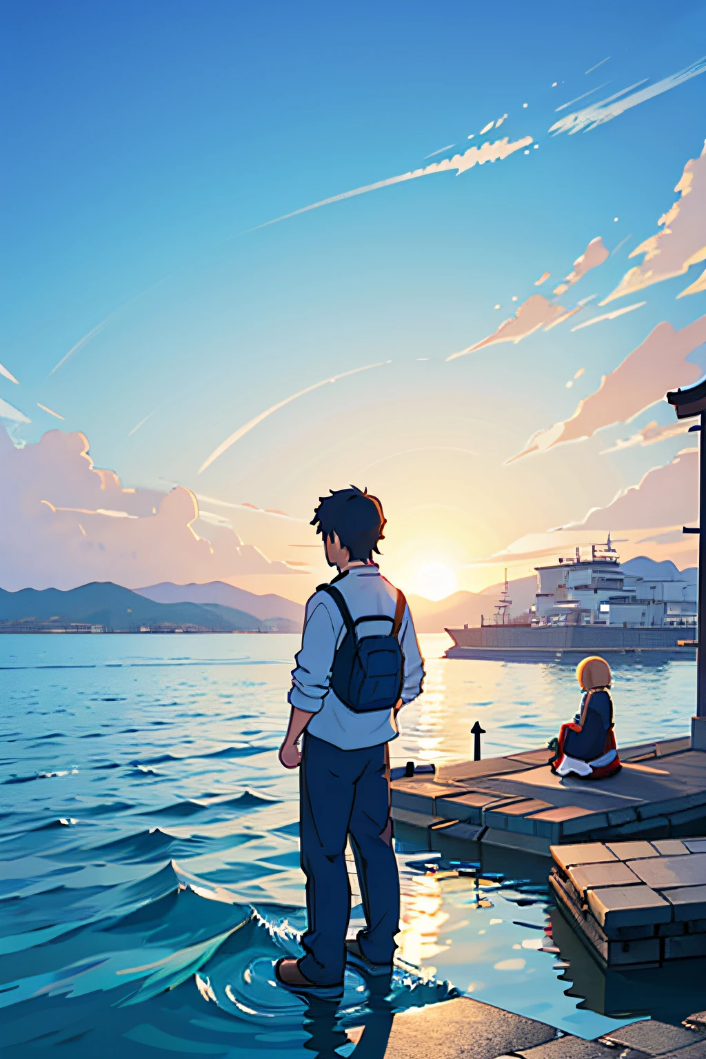 man and women on the Breakwaters in japan in the warm light