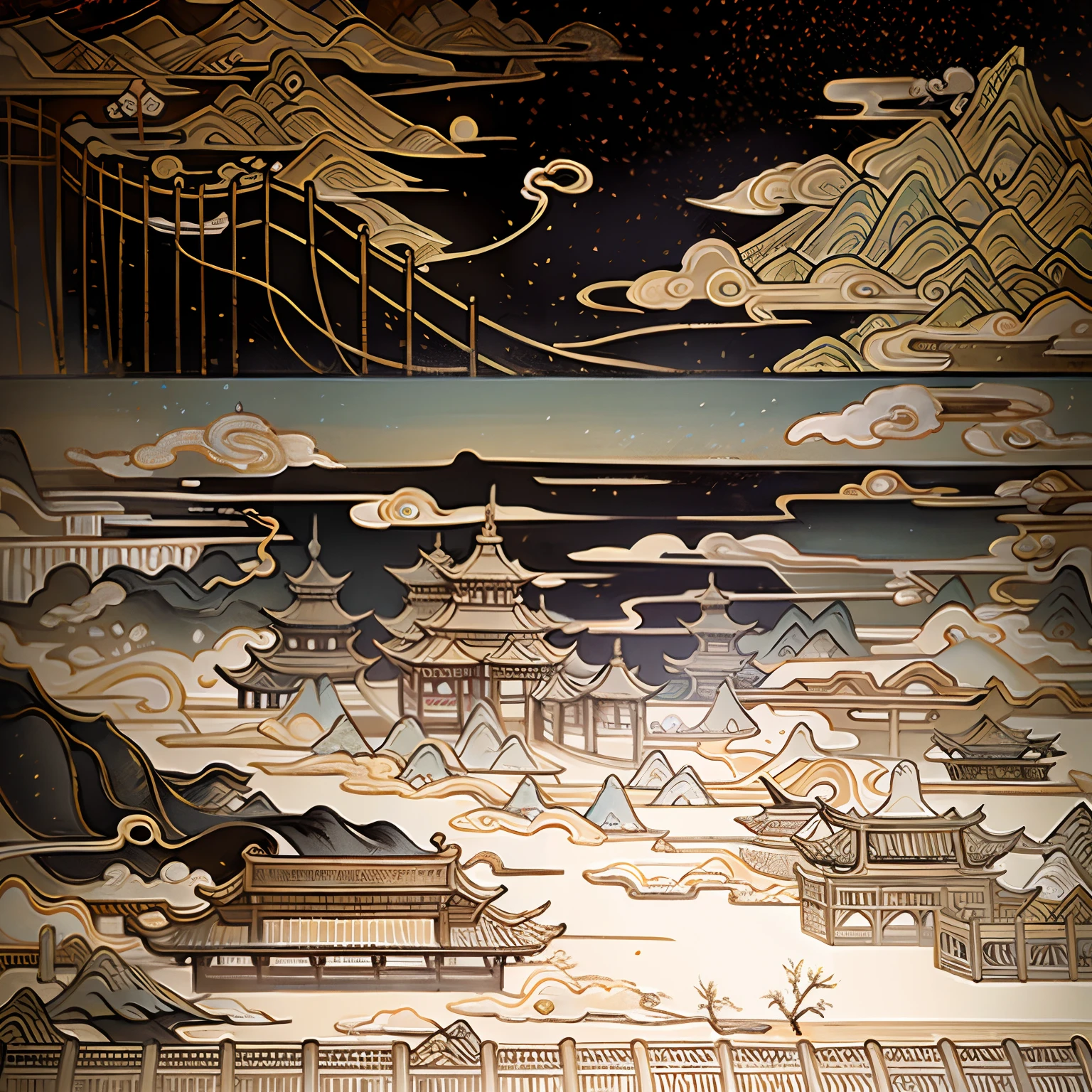 An ancient Chinese painting, ancient Chinese background, mountains, rivers, auspicious clouds, pavilions, sunshine, masterpieces, super detail, epic composition, ultra HD, high quality, extremely detailed, official art, unified 8k wallpaper, Super detail, 32k -- v 6