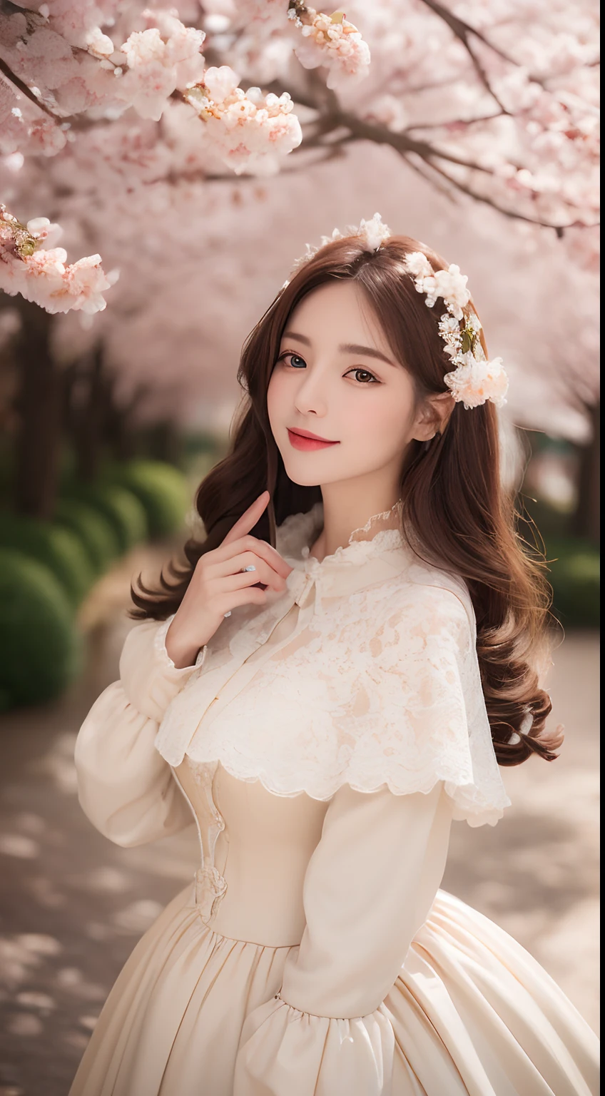 ((best qualtiy, 8K, tmasterpiece:1.3)), Focus:1.2, perfect figure beautiful woman:1.4, Cocked buttocks:1.2, ((long whitr hair)), (Wool cloak:1.1) , (Cherry blossom bush:1.2),Lace aristocratic red Lolita costume:1.1, Highly detailed facial and skin texture, A detailed eye, 二重まぶた,Whiten skin,ssmile,huge tit,Cinematic lighting,Detailed details,Real hair and skin,