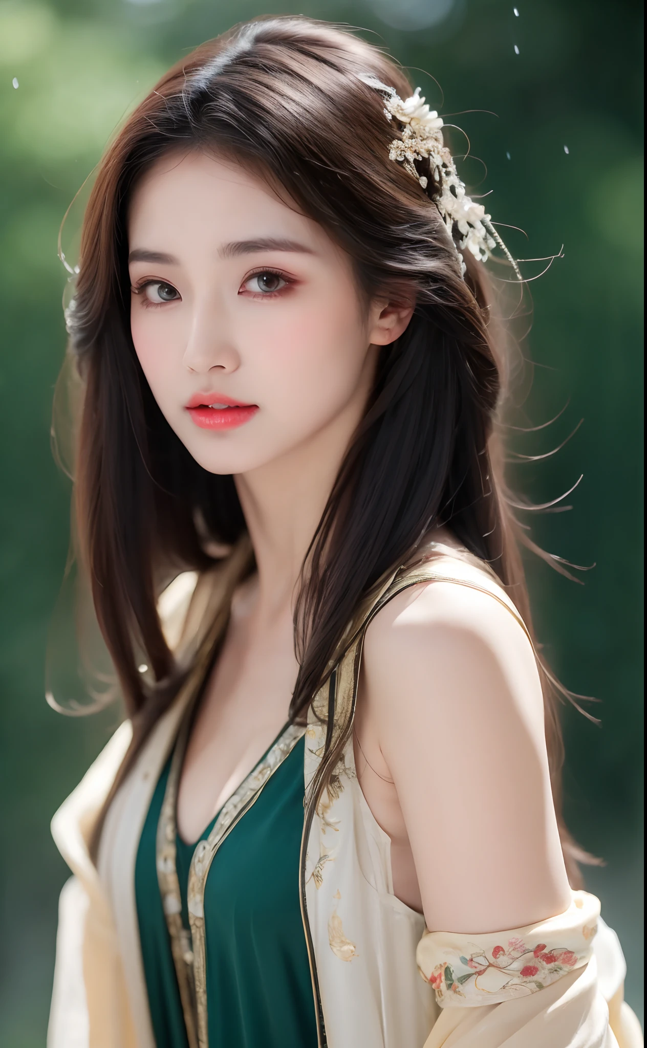 ((Best Quality, 8k, Masterpiece: 1.3)), Focus: 1.2, Perfect Body Beauty: 1.4, Buttocks: 1.2, ((Layered Haircut)), (Wet Clothes: 1.1), (Rain, Street:1.3), (Breasts: 1.2), (Hanfu: 1.2), Bare Shoulders, Bare Legs, Highly Detailed Face and Skin Texture, Fine Eyes, Double Eyelids, Whitened Skin, Long Hair, (Shut Up: 1.5), (Bokeh Background: 1.5), Big Breasts