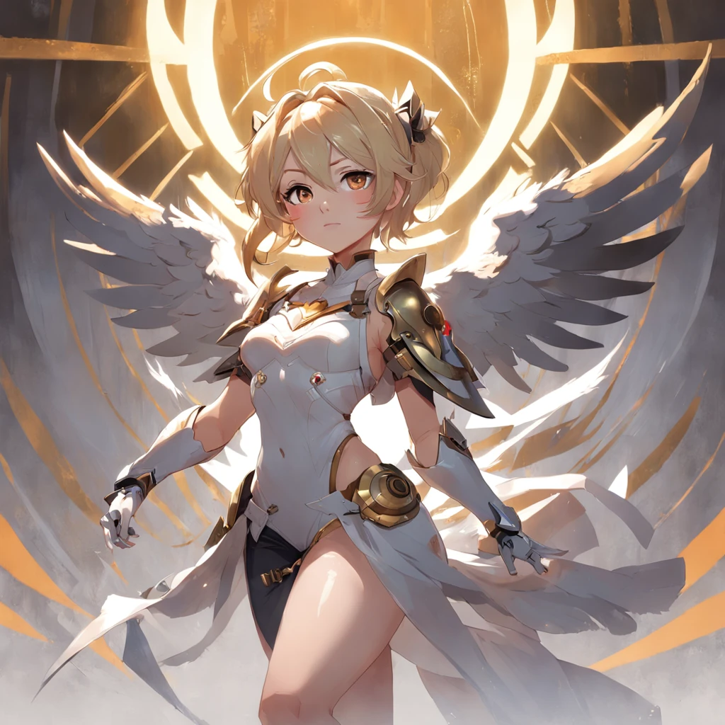 anime character with musical instruments and angel wings in a spotlight, cushart krenz key art feminine, by Yang J, sojourn from overwatch, alphonse mucha and rossdraws, mercy ( overwatch ), by Oliver Sin, mercy from overwatch game (2016), krenz cushart and artgerm, official artwork, style of artgerm