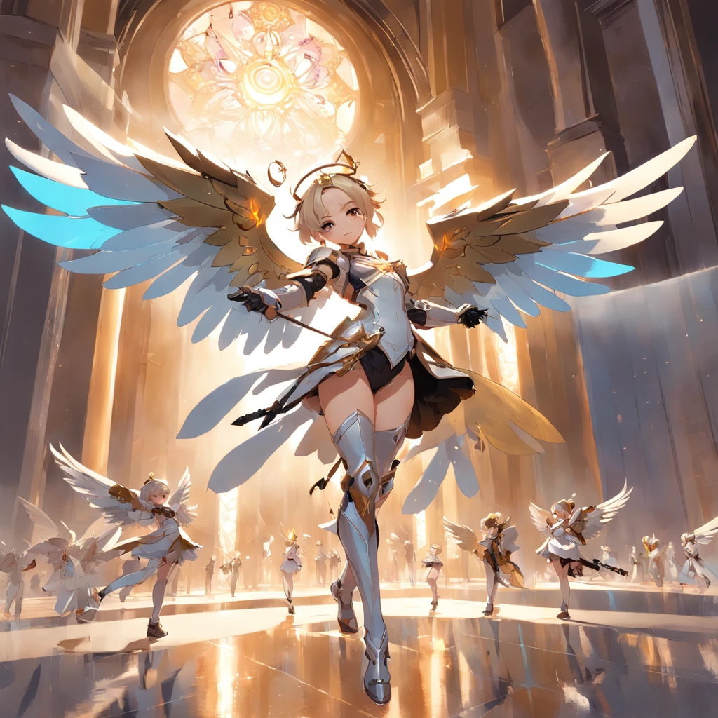 anime character with musical instruments and angel wings in a spotlight, cushart krenz key art feminine, by Yang J, sojourn from overwatch, alphonse mucha and rossdraws, mercy ( overwatch ), by Oliver Sin, mercy from overwatch game (2016), krenz cushart and artgerm, official artwork, style of artgerm