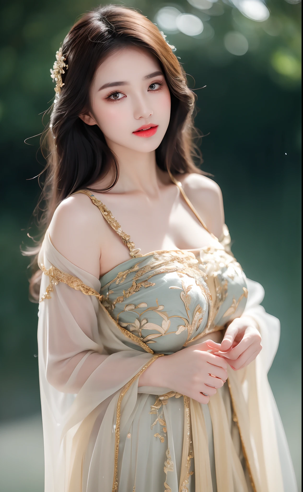 ((Best Quality, 8k, Masterpiece: 1.3)), Focus: 1.2, Perfect Body Beauty: 1.4, Buttocks: 1.2, ((Layered Haircut)), (Wet Clothes: 1.1), (Rain, Street:1.3), (Breasts: 1.2), (Hanfu: 1.2), Bare Shoulders, Bare Legs, Highly Detailed Face and Skin Texture, Fine Eyes, Double Eyelids, Whitened Skin, Long Hair, (Shut Up: 1.5), (Bokeh Background: 1.5), Big Breasts