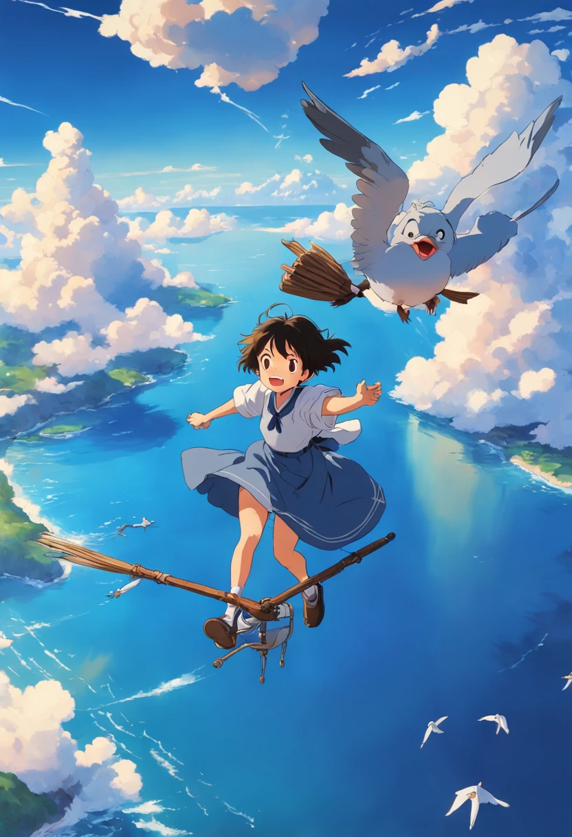 masterpiece, birdview, best quality, movie still, 1girl ride on a broom flying on the sky, seagull, below is blue sea and island, kikis delivery service, miyazaki's animated film, ghibli anime, cloud floating in the sky, blue sky, close-up, bright, happy, warm soft lighting, sunrise, (sparks:0.7), Ultra-Wide Angle, 8k, super detail, ccurate, best quality