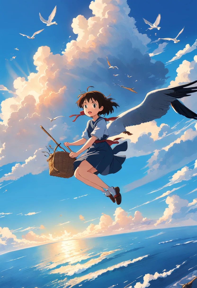 masterpiece, birdview, best quality, movie still, 1girl ride on a broom flying on the sky, seagull, below is blue sea and island, kikis delivery service, miyazaki's animated film, ghibli anime, cloud floating in the sky, blue sky, close-up, bright, happy, warm soft lighting, sunrise, (sparks:0.7), Ultra-Wide Angle, 8k, super detail, ccurate, best quality