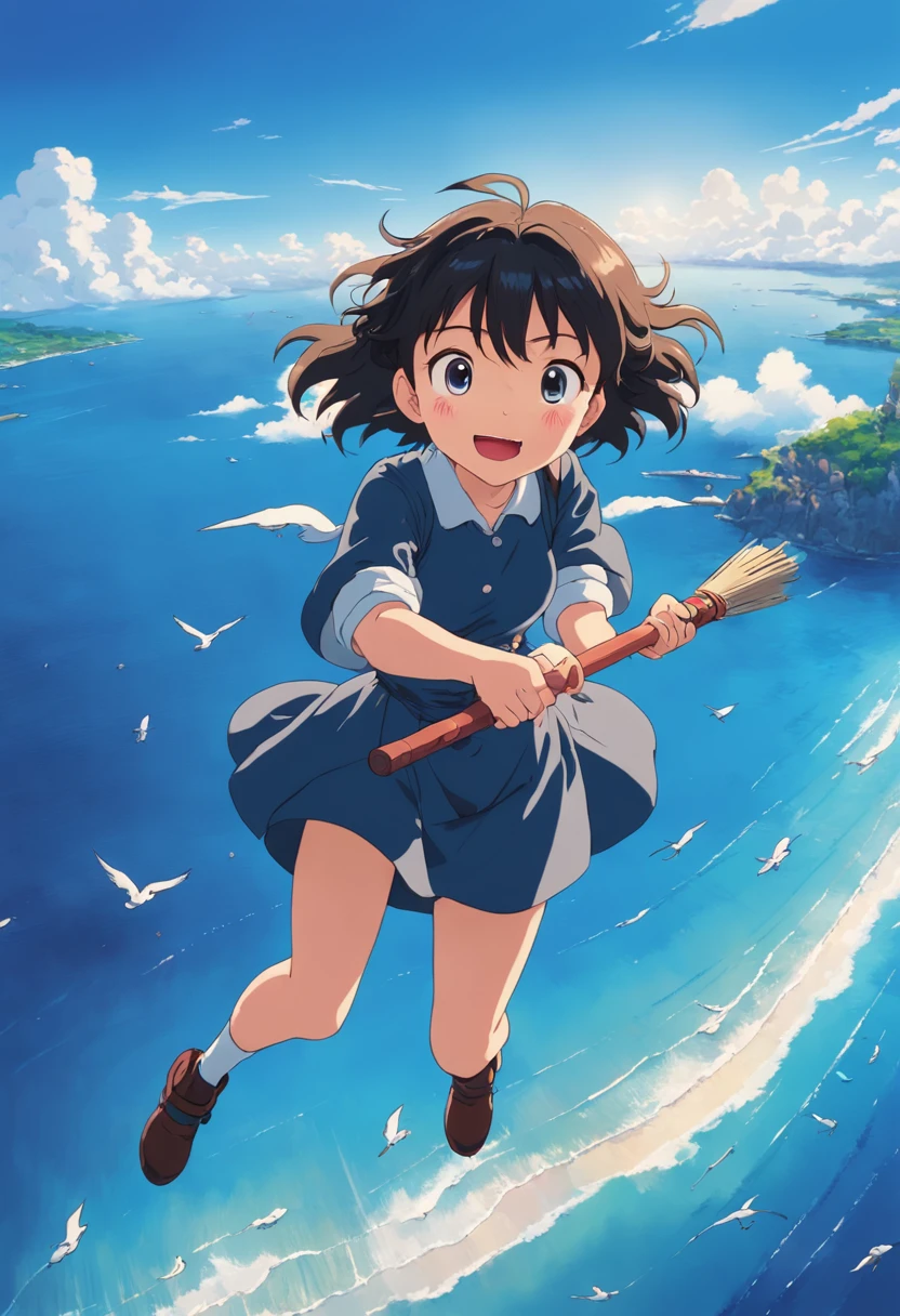 masterpiece, birdview, best quality, movie still, 1girl ride on a broom flying on the sky, seagull, below is blue sea and island, kikis delivery service, miyazaki's animated film, ghibli anime, cloud floating in the sky, blue sky, close-up, bright, happy, warm soft lighting, sunrise, (sparks:0.7), Ultra-Wide Angle, 8k, super detail, ccurate, best quality