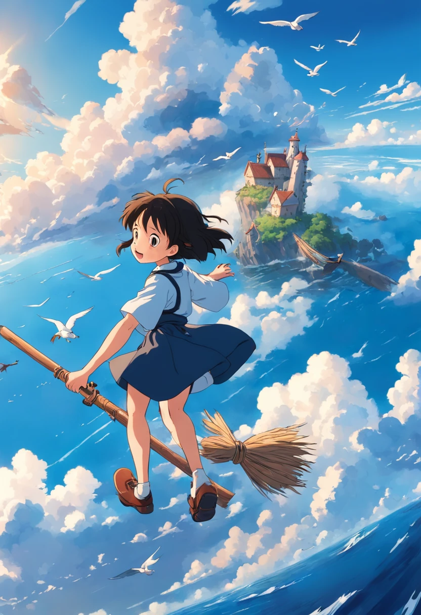 masterpiece, birdview, best quality, movie still, 1girl ride on a broom flying on the sky, seagull, below is blue sea and island, kikis delivery service, miyazaki's animated film, ghibli anime, cloud floating in the sky, blue sky, close-up, bright, happy, warm soft lighting, sunrise, (sparks:0.7), Ultra-Wide Angle, 8k, super detail, ccurate, best quality