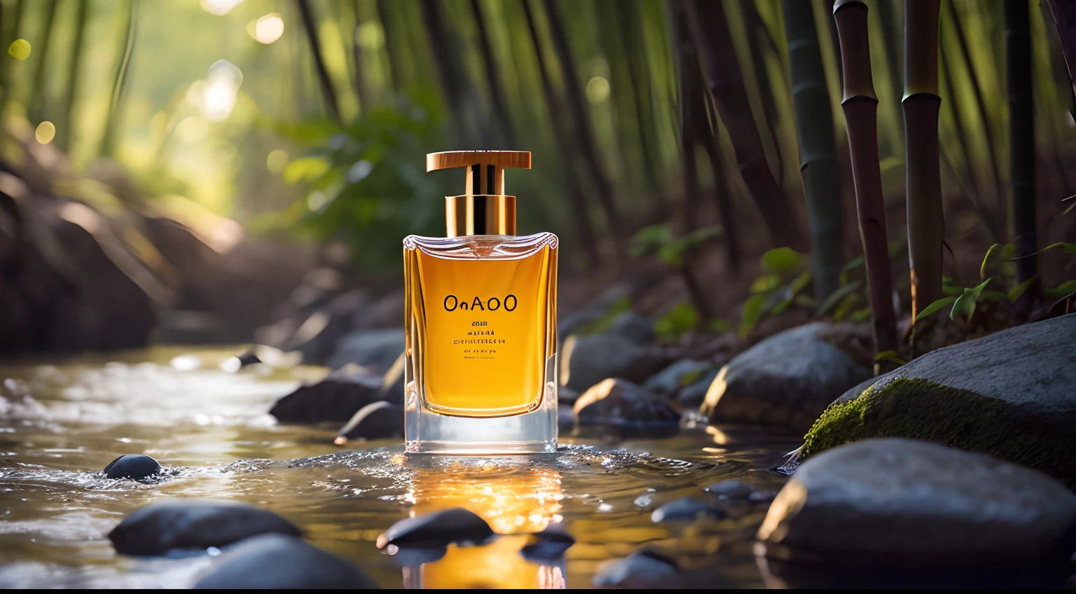A bottle of perfume stands on a stone,Stones in the middle of the stream,Surrounded by bamboo forests,midday outdoor lighting,open air,nature backdrop,summer day,scorching weather,high detal,high brightness,Too much detail,ultra-realistic realism,the soft light,studio lit,diffused soft light,shallowdepthoffield, sharp fokus, bokeh effect, Ray tracing, sub surface scattering, Complex soft light, diffused soft light, highly detailed glass reflection, Ultrathin(Ultrathin), Ultrathin) (thinness, hyper-detailing), cinematic ligh, ultra-realistic realism, hardware, best qualtiy, 超A high resolution (realisticlying: 1.4), A high resolution, the detail, Original photography, Clear reproduction, 4 Kodak Portra 400 stock camera, F1.6 shots, textures true to reality, Spectacular lighting, Not a real engine, Popular on ArtStation, There are up to 800 cinemas,