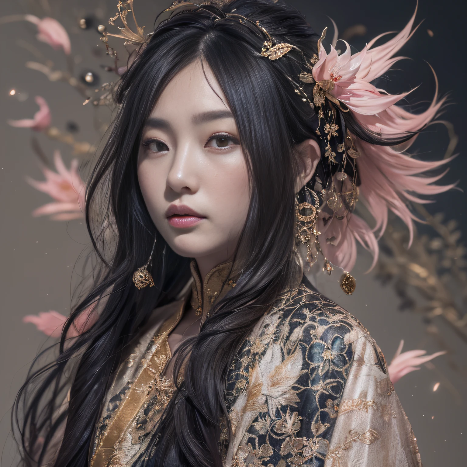 32K（tmasterpiece，k hd，hyper HD，32K）Long flowing black hair，ponds，zydink， a color，  Asian people （Silly girl）， （Silk scarf）， Combat posture， looking at the ground， long whitr hair， Floating hair， Carp pattern headdress， Chinese long-sleeved clothing， （abstract ink splash：1.2）， Pink petal background，Pink and white lotus flowers fly（realisticlying：1.4），Black color hair，Fallen leaves flutter，The background is pure， A high resolution， the detail， RAW photogr， Sharp Re， Nikon D850 Film Stock Photo by Jefferies Lee 4 Kodak Portra 400 Camera F1.6 shots, Rich colors, ultra-realistic vivid textures, Dramatic lighting, Unreal Engine Art Station Trend, cinestir 800，Long flowing black hair