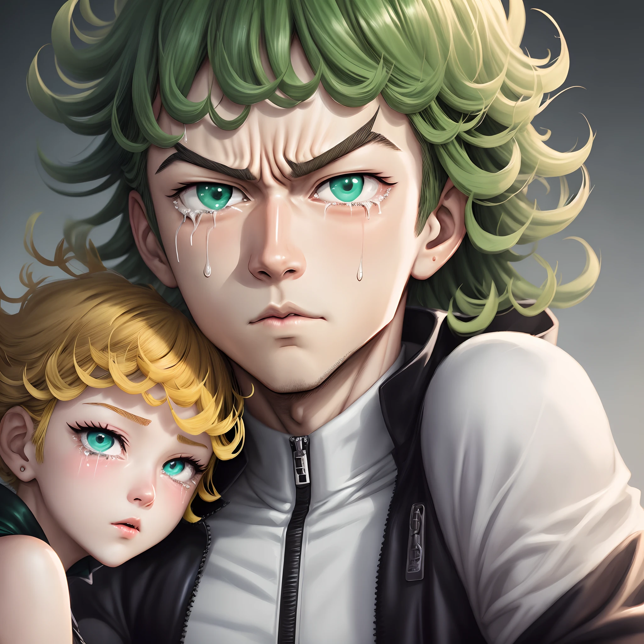 Tatsumaki's one punch man sideways looking to the left focus on his face with tears streaming