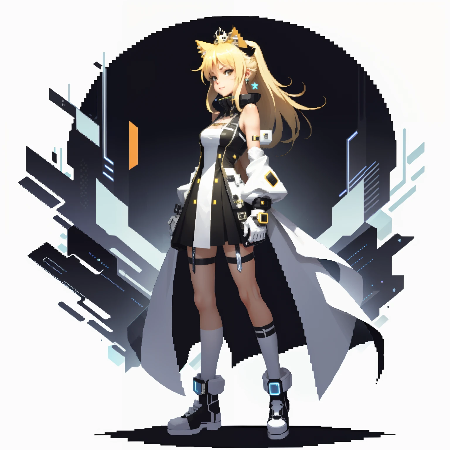 catss, Pixel art，cyber punk perssonage，personification, Side view, standing on your feet, White monochrome background cloth, Blonde hair, crown, Empty eyes, Cat ears, Crescent earrings, Light smile, Pixel art, hyper HD, Textured skin，upperbody shots，cat head，feline face，Cat body