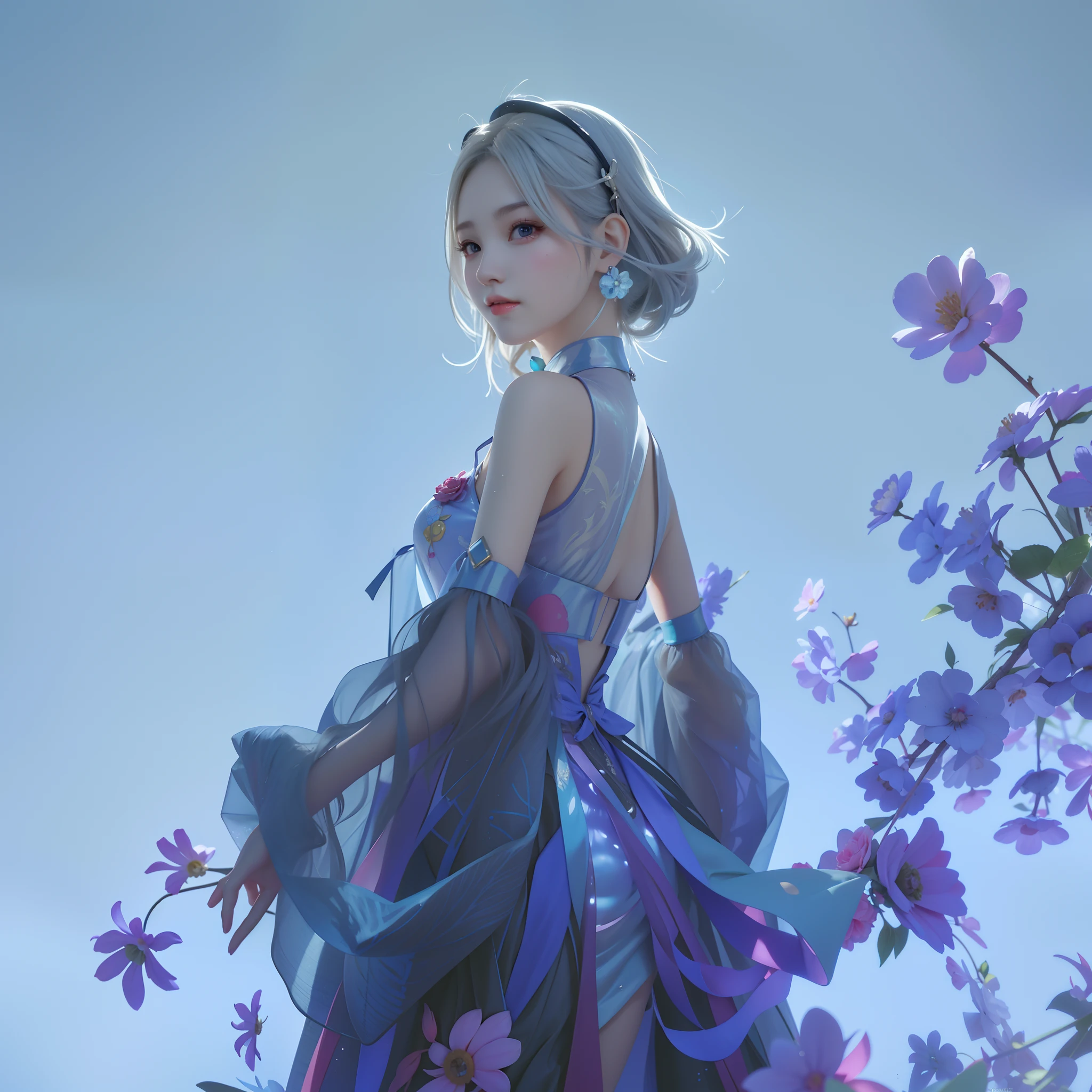 There was a woman in a dress standing in a tree, Guviz-style artwork, Ross Tran 8 K, Guviz, Ross Tran style, by Yang J, trending on cgstation, Beautiful digital artwork, By Ni Tian, In the style of Ross Tran, 🌺 CGSesociety, ross tran and wlop