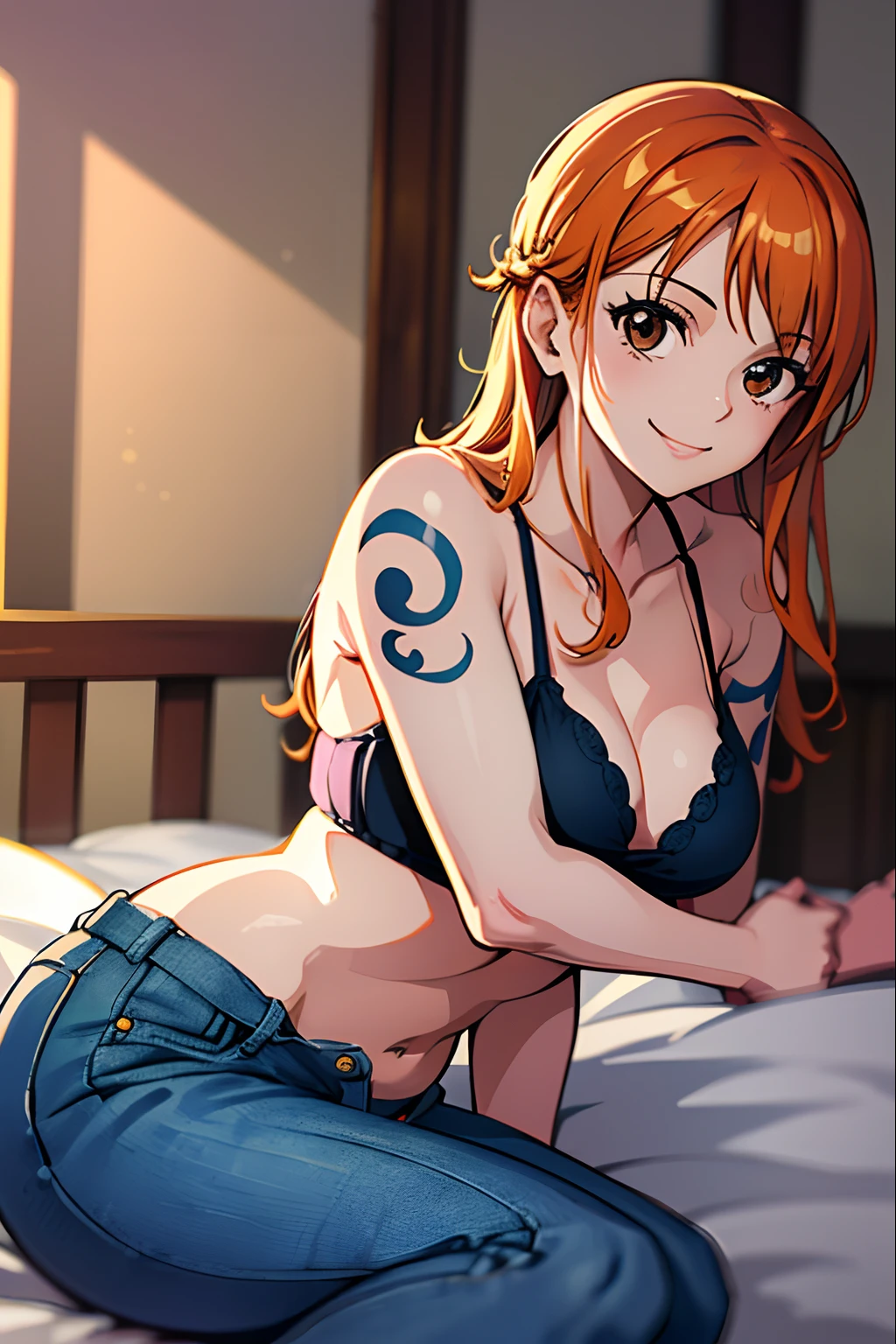 masterpiece、(Photorealsitic:1.5)、top-quality、beautiful lighting、Bed on board、Nami \(Onepiece\),28 year old、Model style、small-medium sized 、1womanl,tits oueats、jeans、Gravure Pose, sexy pose、sctive、Attractive composition、length hair, look at viewr, smile, orange color hair, Tattoos on the shoulders, 独奏, Convoluted, high detailing, foco nítido, Dramatic, Beautiful Women , (Raw photography, 8K UHD, film grains), Caustics, Sub-surface scattering, Retors、