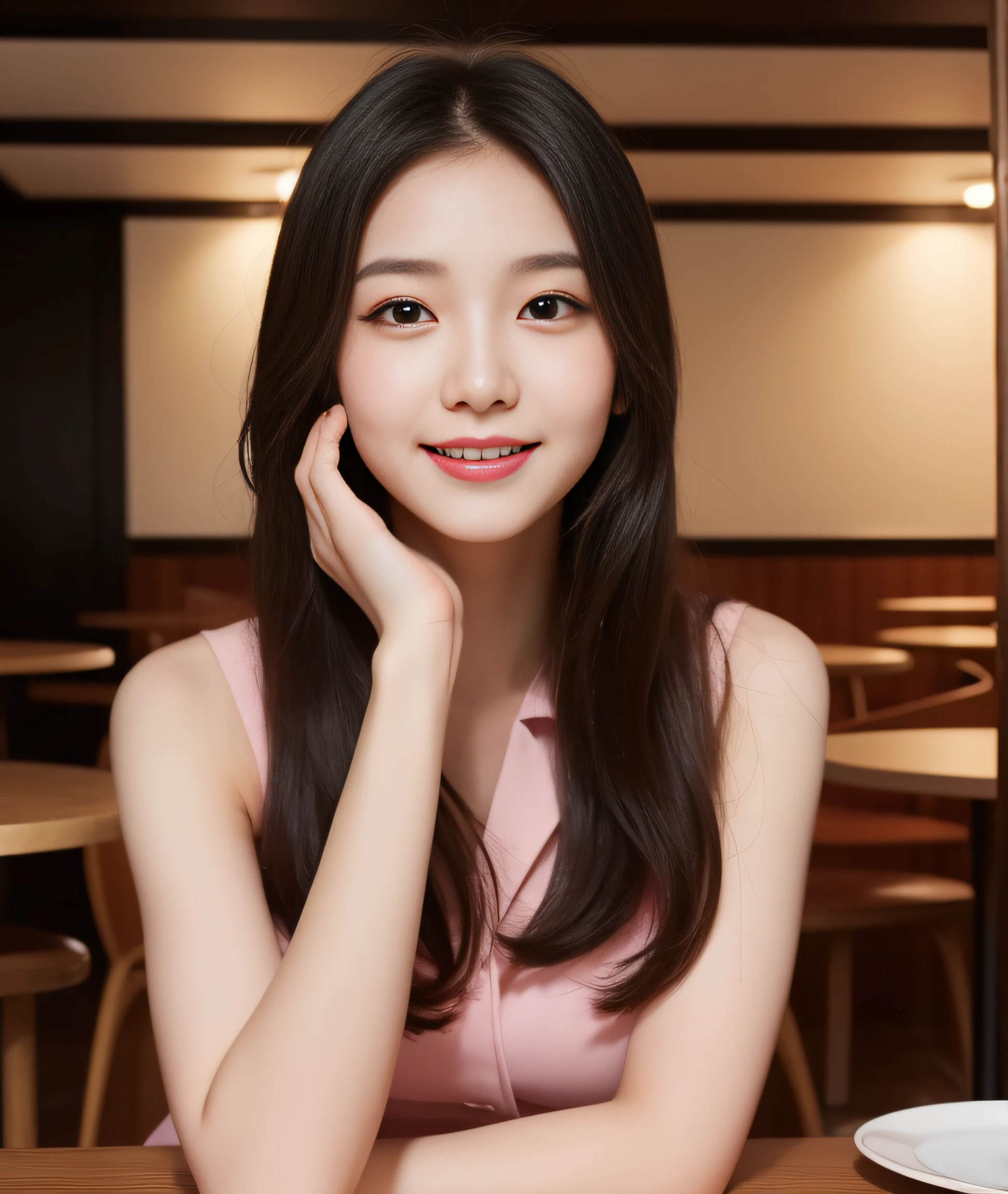 ((best quality, 8K, masterpiece: 1.3)), beautiful girl, pure, melon face, kind and cute, sweet smile, pure desire, slender body, (front), (tilted head), ((looking at camera) ), wearing a pink suit, black silky medium hair, long flowing shoulders, round black big eyes, clear big eyes, moist red lips, sweet, sitting in a cafe, cafe background , (((whole body))),