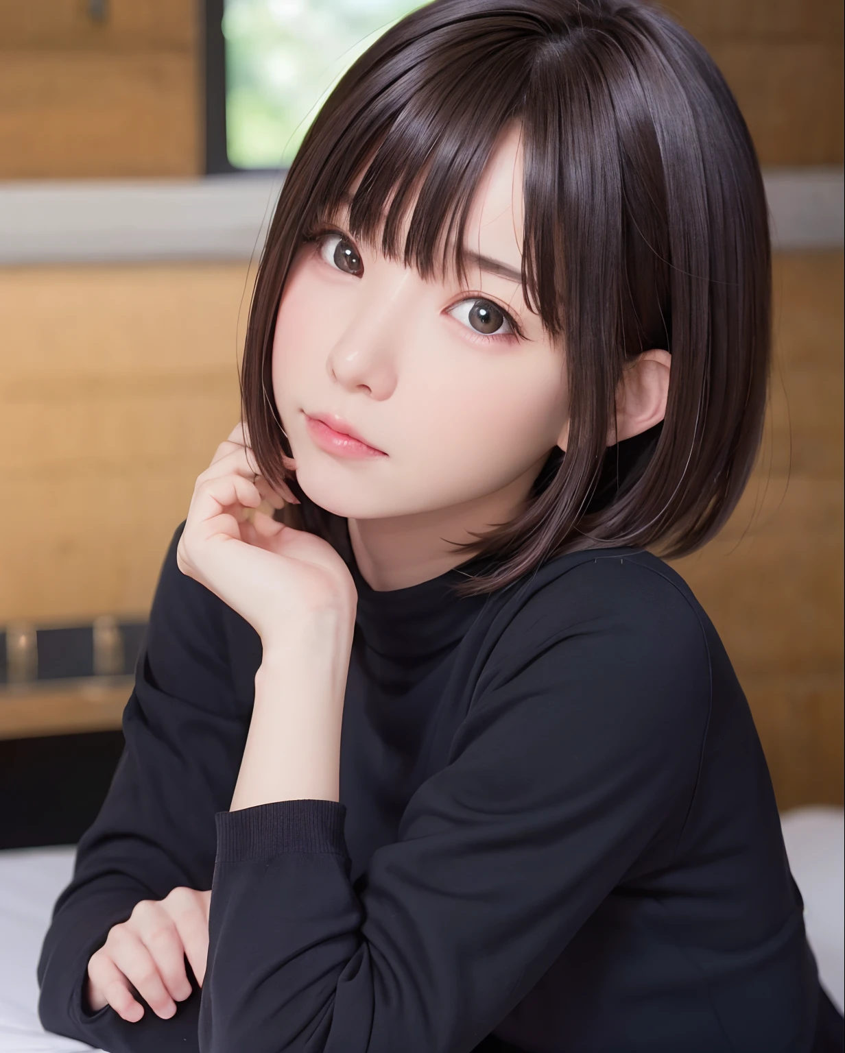 Hands raised、Black clothe、Best Quality, Photorealistic, 8K, hight resolution, fulcolor, 1girl in, Woman, 20yr old female, (Closed mouth:1.73), (Skindentation), (Portrait:0.6), Trees,fulcolor,, Looking at Viewer:1.8, (1girl eyes looking at viewer:1.55), (Medium Hair, brawn hair, parted hair:1.45), (Bokeh),