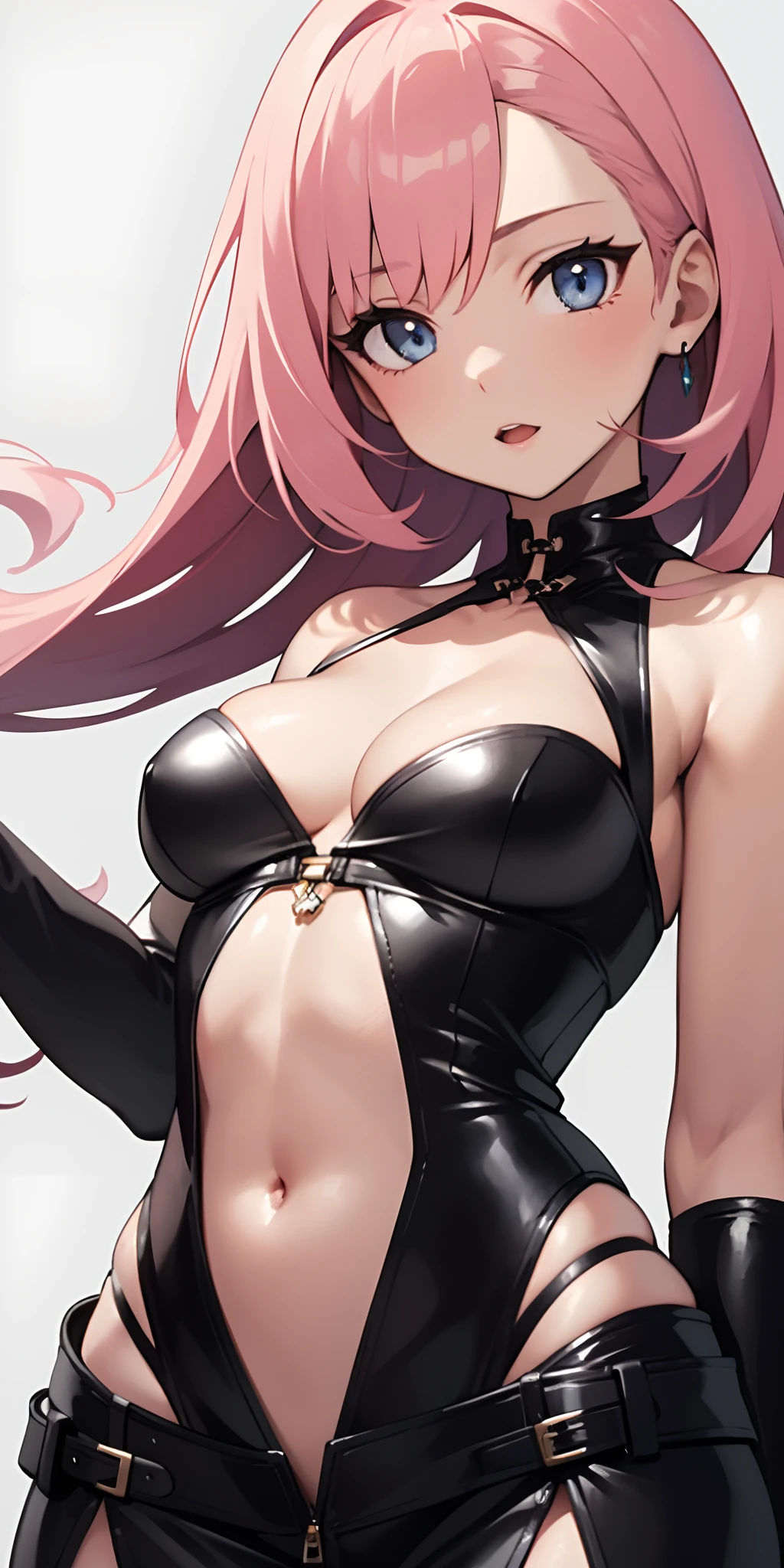 1girl, anime, cute girl, rogue, blank background, white background, fantasy, very detailed dark leather fantasy outfit with highlights, beautiful face, beautiful eyes, dark colors, assassin, medium breasts, slight cleavage, beautiful skin, cute, pink hair, breast curtains, extremely delicate and beautiful, (beautiful detailed face:1.0), (detailed deep eyes), symmetrical breasts, deep eyes, steam, shiny skin, portrait, slender waist, hips wider than shoulders, thighs