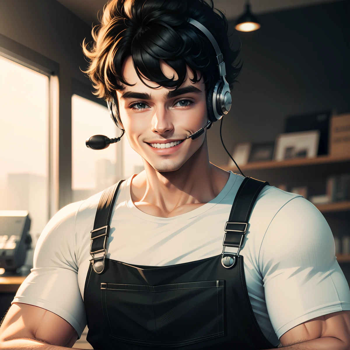 Customer service man smiling black overalls headset