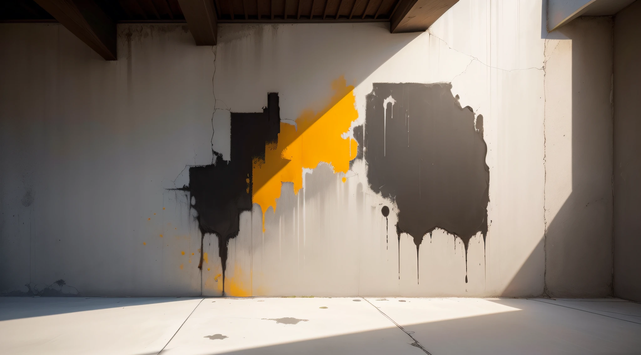 Craft an image that transforms an empty concrete wall into an artistic canvas, with modern and abstract artwork adorning the space, illustrating the fusion of art and interior design.
