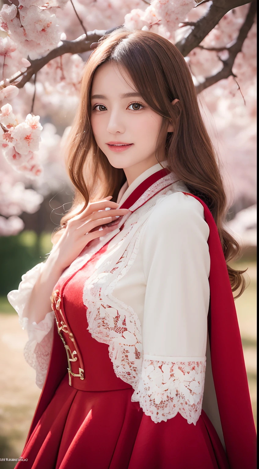 ((best qualtiy, 8K, tmasterpiece:1.3)), Focus:1.2, perfect figure beautiful woman:1.4, Cocked buttocks:1.2, ((long whitr hair)), (Wool cloak:1.1) , (Cherry blossom bush:1.2),Lace aristocratic red ta costume:1.1, Highly detailed facial and skin texture, A detailed eye, 二重まぶた,Whiten skin,ssmile,huge tit,Cinematic lighting,Detailed details,Real hair and skin,