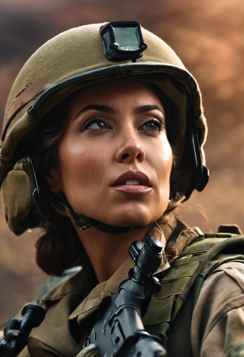 Overhead shot, (Pray for the tomboy:1.5) in a desert, Perfect female face, With gray eyes, Skinny, Space Force camouflage mesh tight T-, Blend ginger stripes, black and dark cuts, Spotted uniform, primitive, Sony Alpha A9 II, 24-105 mm f/4, hdr