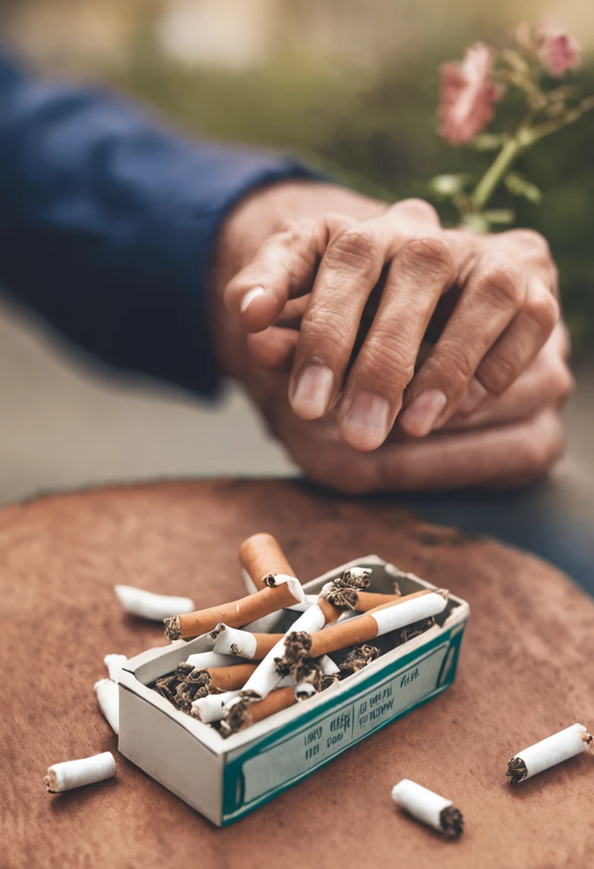 A hand holding a flower growing through a pack of cigarettes, symbolizing the overcoming of smoking and the flowering of a new healthy life.
Um homem sentando em uma mesa de madeira,segurando em suas maos uma flor,olhar focado,ambiente limpo,bem iluminado,with a cigarette on the table coming out smoke,4 k,realista