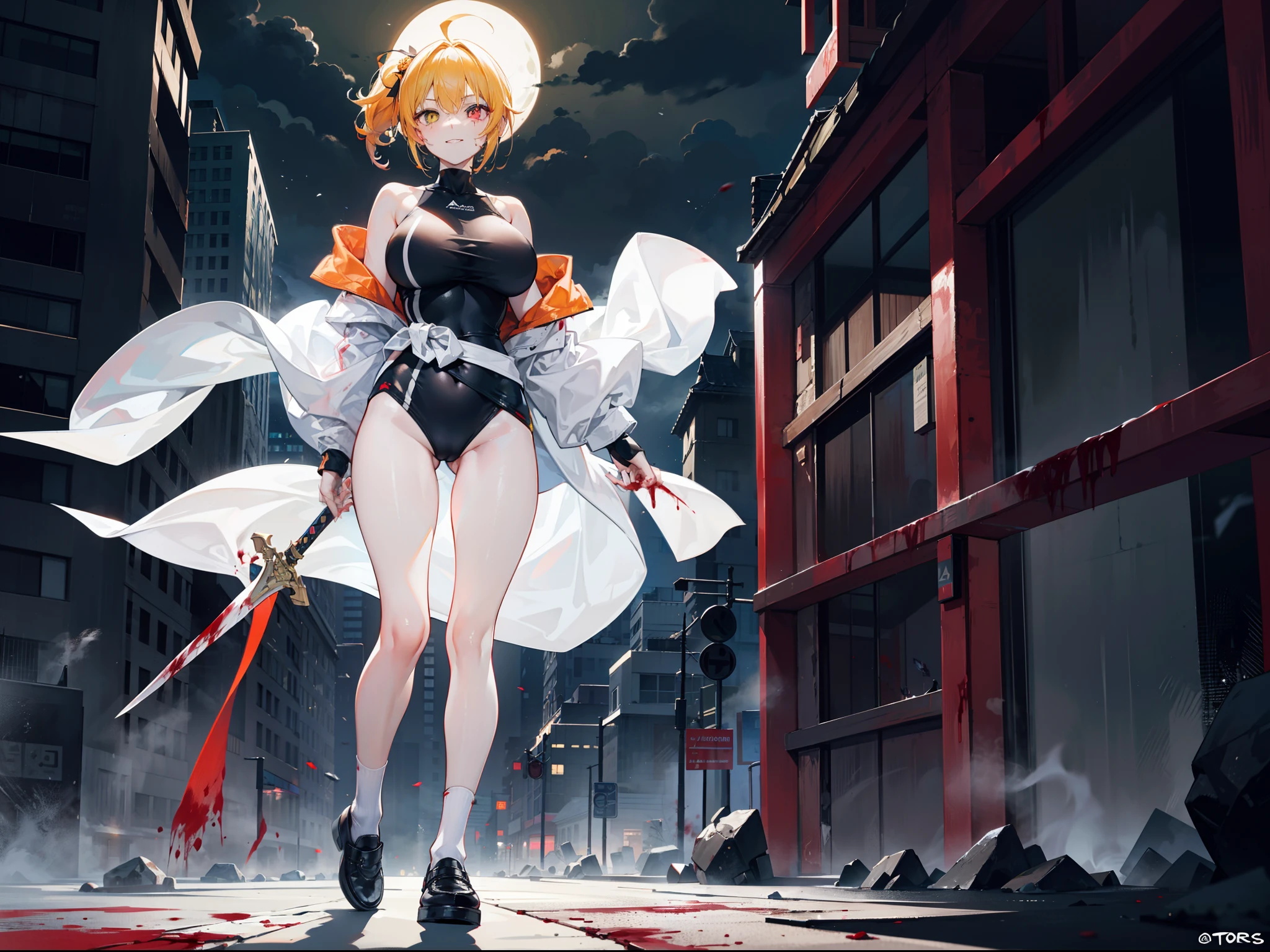 Beautiful girl with orange-yellow hair color,curlies,High ponytail,short detailed hair,Wears an antique white one-piece long-sleeved training suit,A knife hidden in his clothes,open waist,Long white socks,leather shoes,assassins,Sunny smile,Tall and tall,Standing in the dark city of the night, full of corpses and blood,dark stormy clouds,China-style,huge tit,抖S,Full body photo,Extremely thin,extremely hyper,Long white socks,assassins,The legs are very thin,Best quality at best,High- sharpness,tmasterpiece,A sword stained with blood in his hand,His body was covered in blood,Sick,Heterochromic pupils,morbid,murderer,extremely hyper,His body was covered in blood,The chest is extremely large,Thin body,Wears an antique white one-piece long-sleeved training suit,open waist,White training clothes,assassins,Standing in the dark city of the night, full of blood,white clothes,blood vess,with thin legs,Heterochromic pupils,The legs are extremely long