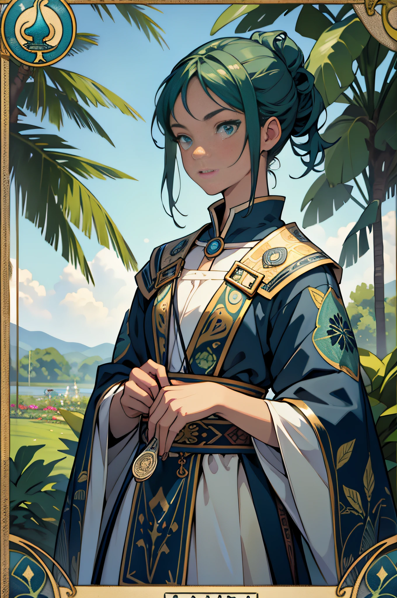 tarot cards,Full tarot border,(best images quality),(The image is surrounded by a tarot card-style border:1.5),(8k wallpaper),(best images quality),(Extremely detailed description),tarot card art,tarot card art, tarot design, Male sideways,(Handheld spatula),beuaty girl,The most beautiful girl in the world,gardener,green shades,blue-sky,Bokeh background,gardening(Hold a sprinkler jug;2),quadratic element,(hoang lap,A high resolution,hyper-detailing),Visual storytelling,capturing moments,historical records,social commentary,Powerful images,mosaic art,Small,Colorful inlays,Intricate patterns,Tile design,Durable surface,Time-honored technology,