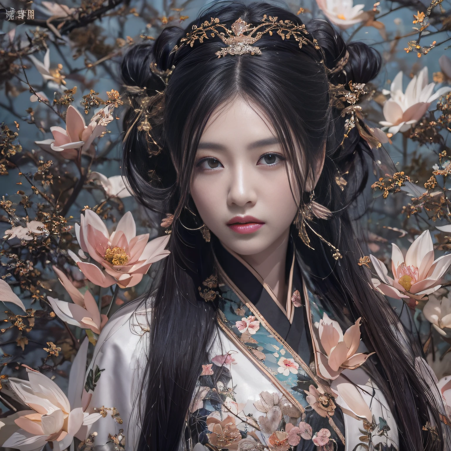 32K（tmasterpiece，k hd，hyper HD，32K）Long flowing black hair，ponds，zydink， a color，  Asian people （Silly girl）， （Silk scarf）， Combat posture， looking at the ground， long whitr hair， Floating hair， Carp pattern headdress， Chinese long-sleeved clothing， （abstract ink splash：1.2）， Pink petal background，Pink and white lotus flowers fly（realisticlying：1.4），Black color hair，Fallen leaves flutter，The background is pure， A high resolution， the detail， RAW photogr， Sharp Re， Nikon D850 Film Stock Photo by Jefferies Lee 4 Kodak Portra 400 Camera F1.6 shots, Rich colors, ultra-realistic vivid textures, Dramatic lighting, Unreal Engine Art Station Trend, cinestir 800，Long flowing black hair