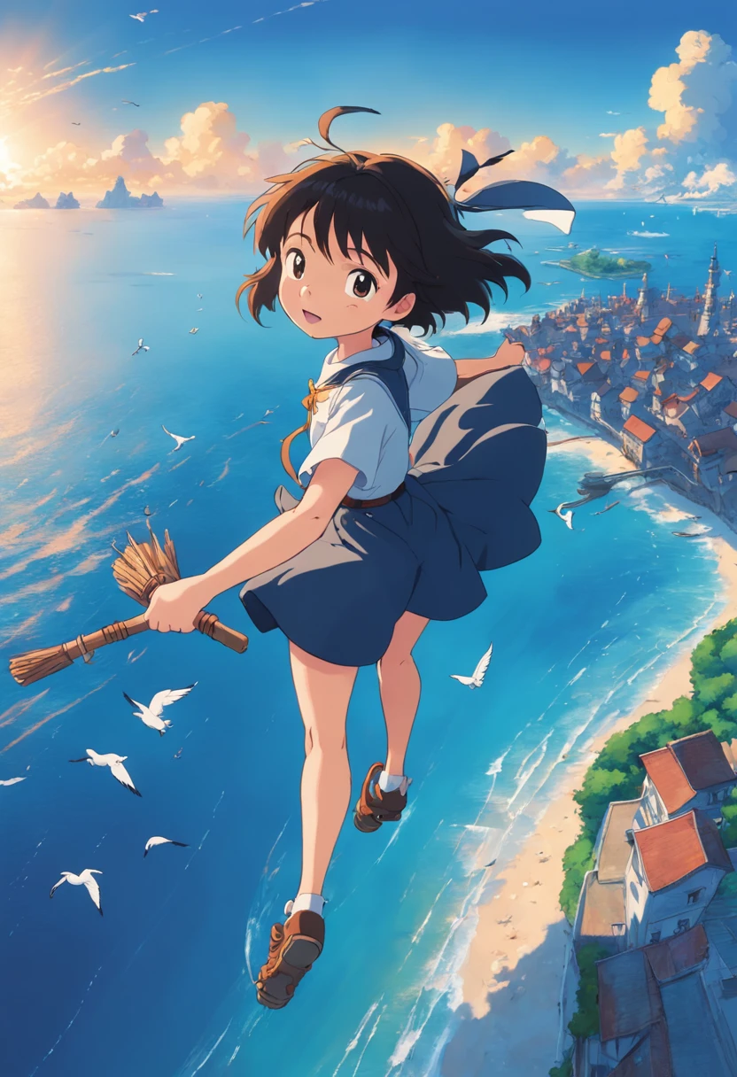 Witch Delivery Service,Girl on a broom flying in the sky，Playing with your phone in your hand,Ghibli style,Background of living in Croatia