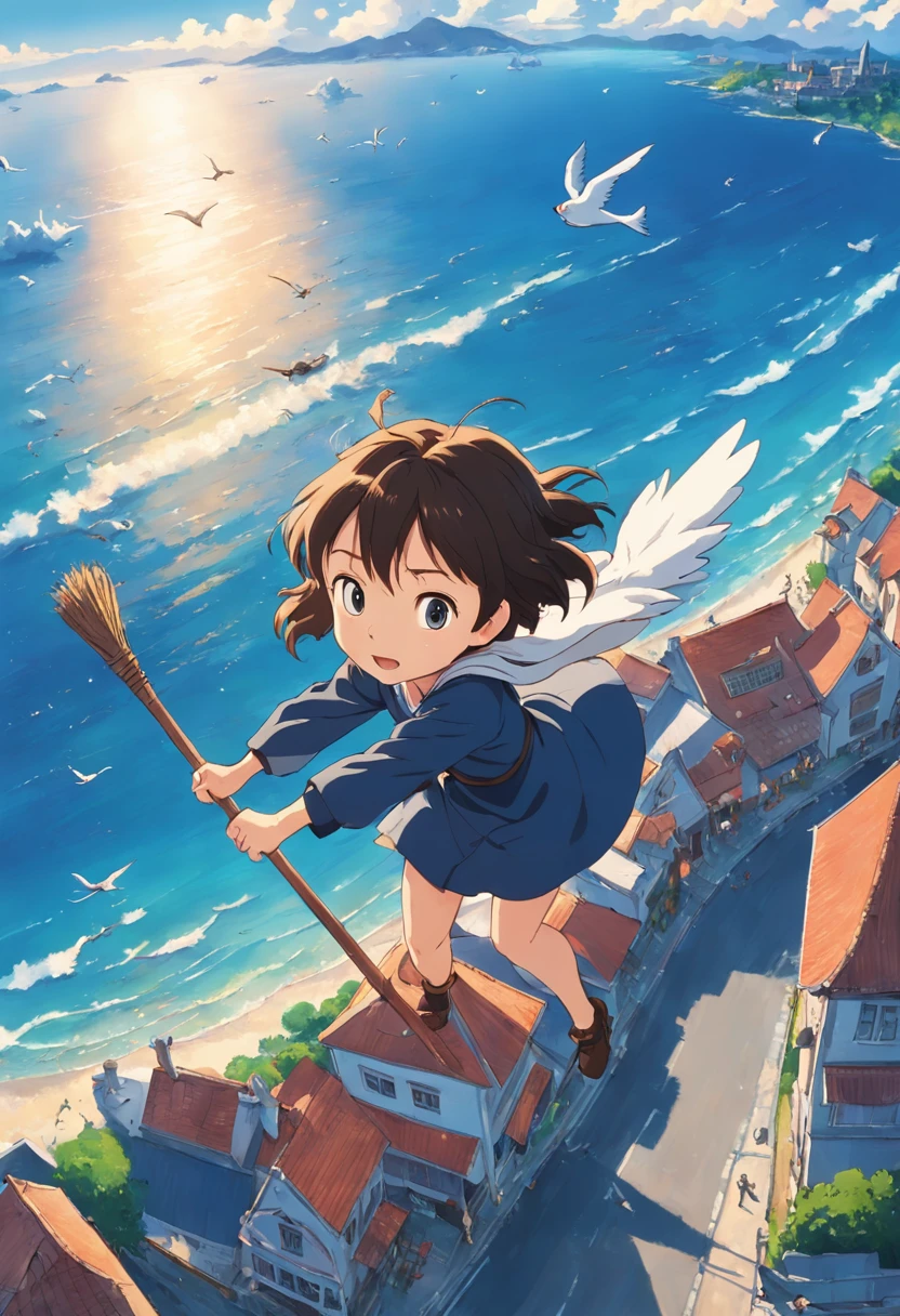 masterpiece, birdview, best quality, movie still, 1girl ride on a broom flying on the sky, seagull, below is blue sea and island, kikis delivery service, miyazaki's animated film, ghibli anime, cloud floating in the sky, blue sky, close-up, bright, happy, warm soft lighting, sunrise, (sparks:0.7), Ultra-Wide Angle, 8k, super detail, ccurate, best quality