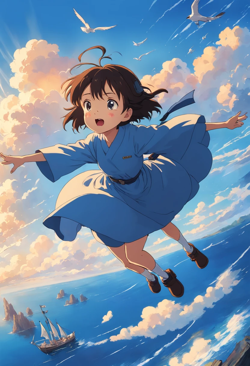 masterpiece, birdview, best quality, movie still, 1girl ride on a broom flying on the sky, seagull, below is blue sea and island, kikis delivery service, miyazaki's animated film, ghibli anime, cloud floating in the sky, blue sky, close-up, bright, happy, warm soft lighting, sunrise, (sparks:0.7), Ultra-Wide Angle, 8k, super detail, ccurate, best quality