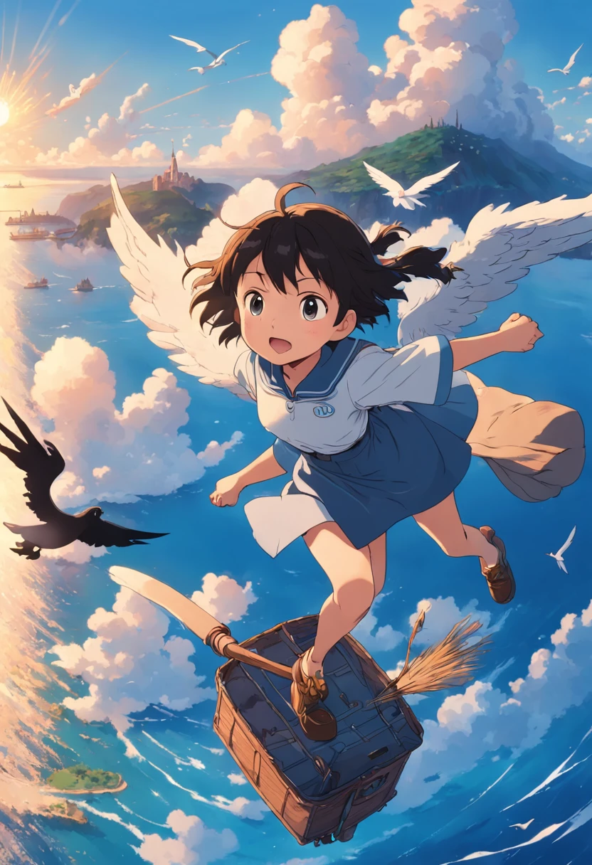 masterpiece, birdview, best quality, movie still, 1girl ride on a broom flying on the sky, seagull, below is blue sea and island, kikis delivery service, miyazaki's animated film, ghibli anime, cloud floating in the sky, blue sky, close-up, bright, happy, warm soft lighting, sunrise, (sparks:0.7), Ultra-Wide Angle, 8k, super detail, ccurate, best quality