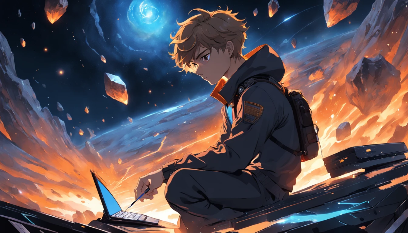 Draw a young programmer, sitting on a research platform floating in the middle of an asteroid belt. He is studying with a notebook, surrounded by several asteroids glowing with fiery auras. Dramatic lighting from distant stars and planets illuminates the scene, casting deep shadows on the suit. The young man looks confident and determined, looking at the vast and mysterious universe with wonder and respect,facial hair, cowboy shot,