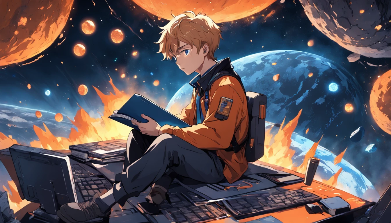 Draw a young programmer, sitting on a research platform floating in the middle of an asteroid belt. He is studying with a notebook, surrounded by several asteroids glowing with fiery auras. Dramatic lighting from distant stars and planets illuminates the scene, casting deep shadows on the suit. The young man looks confident and determined, looking at the vast and mysterious universe with wonder and respect,facial hair, cowboy shot,