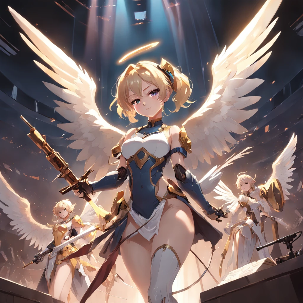 (((anime character with musical instruments and angel wings in a spotlight))), cushart krenz key art feminine, by Yang J, sojourn from overwatch, alphonse mucha and rossdraws, by Oliver Sin, mercy from overwatch game (2016), krenz cushart and artgerm, official artwork, style of artgerm