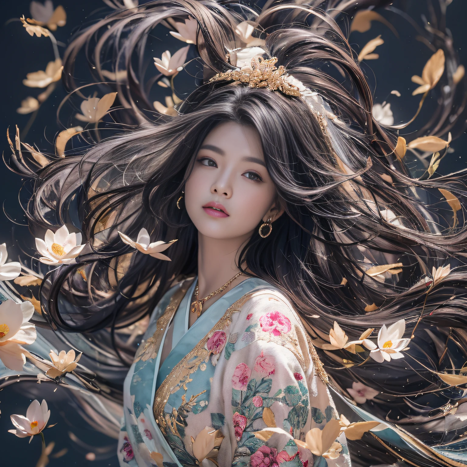 32K(tmasterpiece,k hd,hyper HD,32K)Long flowing black hair,ponds,zydink, a color, Asian people (Silly girl), (Silk scarf), Combat posture, looking at the ground, long whitr hair, Floating hair, Carp pattern headdress, Chinese long-sleeved clothing, (abstract ink splash:1.2), Pink petal background,Pink and white lotus flowers fly(realisticlying:1.4),Black color hair,Fallen leaves flutter,The background is pure, A high resolution, the detail, RAW photogr, Sharp Re, Nikon D850 Film Stock Photo by Jefferies Lee 4 Kodak Portra 400 Camera F1.6 shots, Rich colors, ultra-realistic vivid textures, Dramatic lighting, Unreal Engine Art Station Trend, cinestir 800,Long flowing black hair