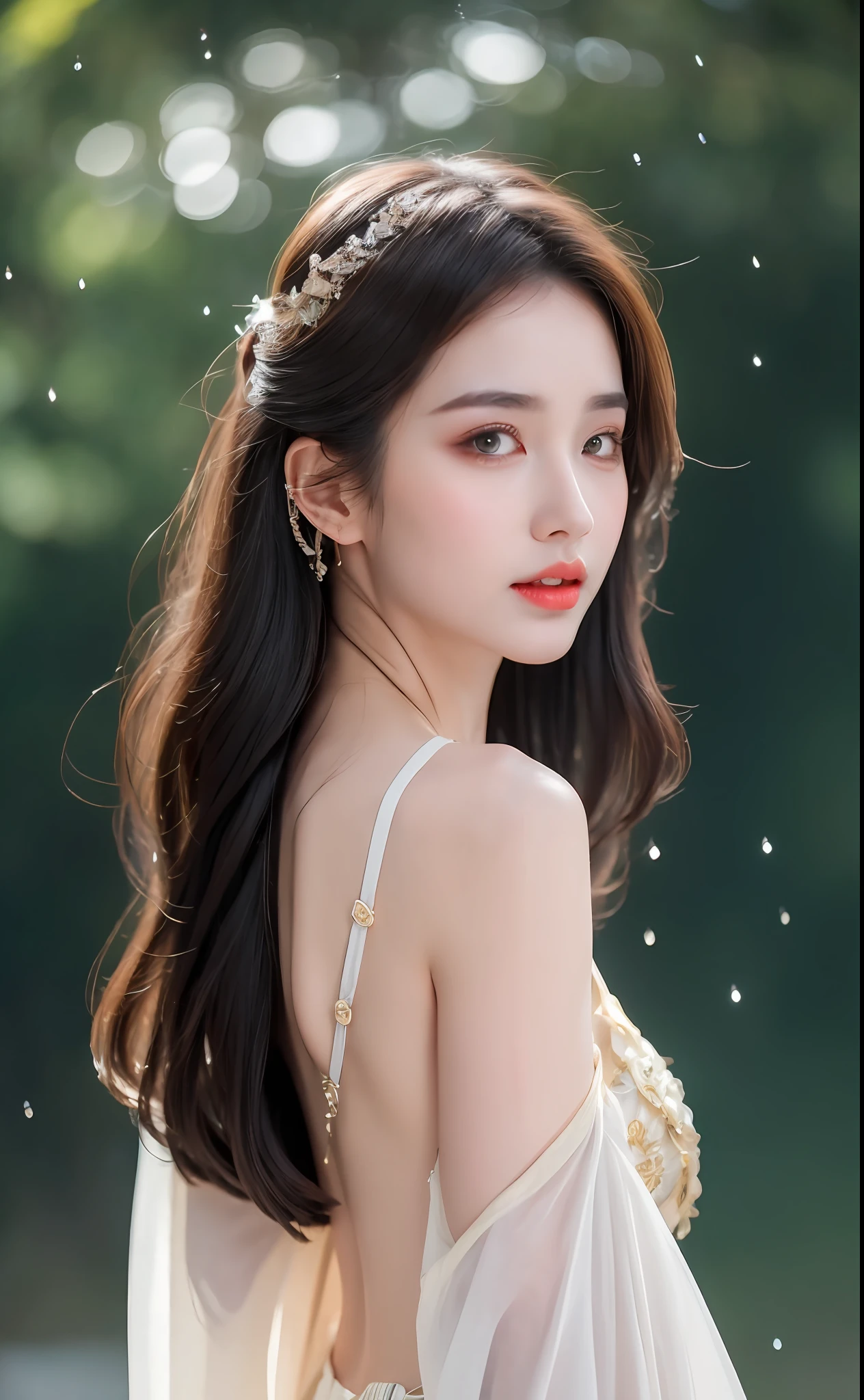 ((Best Quality, 8k, Masterpiece: 1.3)), Focus: 1.2, Perfect Body Beauty: 1.4, Buttocks: 1.2, ((Layered Haircut)), (Wet Clothes: 1.1), (Rain, Street:1.3), (Breasts: 1.2), (Hanfu: 1.2), Bare Shoulders, Bare Legs, Highly Detailed Face and Skin Texture, Fine Eyes, Double Eyelids, Whitened Skin, Long Hair, (Shut Up: 1.5), (Bokeh Background: 1.5), Big Breasts