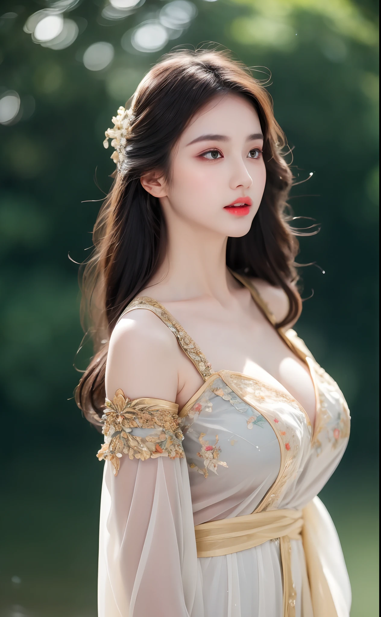 ((Best Quality, 8k, Masterpiece: 1.3)), Focus: 1.2, Perfect Body Beauty: 1.4, Buttocks: 1.2, ((Layered Haircut)), (Wet Clothes: 1.1), (Rain, Street:1.3), (Breasts: 1.2), (Hanfu: 1.2), Bare Shoulders, Bare Legs, Highly Detailed Face and Skin Texture, Fine Eyes, Double Eyelids, Whitened Skin, Long Hair, (Shut Up: 1.5), (Bokeh Background: 1.5), Big Breasts